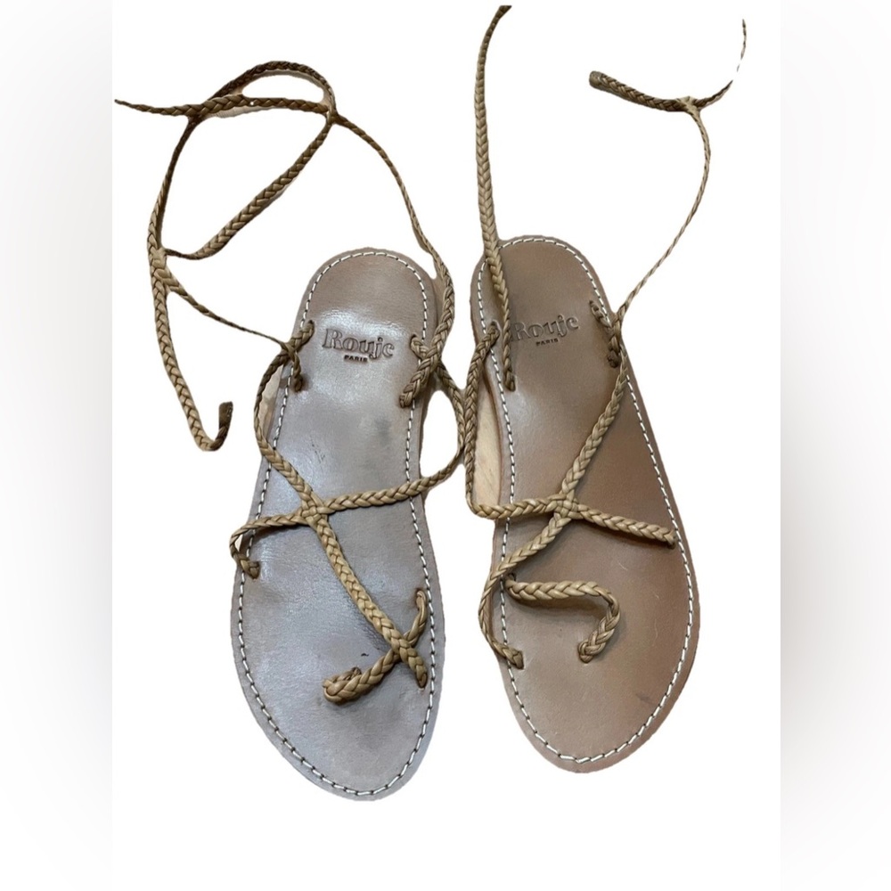 Rouje Paris Leather Flat Tie Sandals Brown/camel Color Size 37 Ankle
Straps